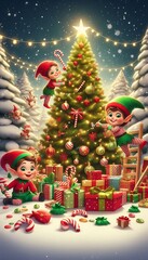 Playful elves decorating giant Christmas tree, with gifts and candy scattered around snowy ground