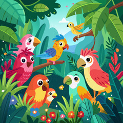 A vibrant illustration depicting a diverse group of colorful parrots in a lush tropical jungle. The birds, with their unique personalities and expressive features.
