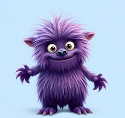 Fototapeta premium Funny purple fluffy monster on a clean blue background. Joyful and soft little monster. Charming yeti. Halloween character.
