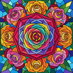 A vibrant and intricate mandala design featuring colorful roses, showcasing the beauty of symmetry and floral patterns.
