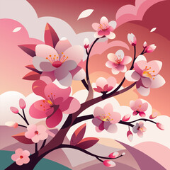A vibrant illustration showcasing a delicate branch of pink cherry blossoms, bathed in the soft glow of a setting sun. The flowers, with their intricate details.