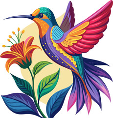 Obraz premium A vibrant, colorful illustration of a hummingbird in flight, with a flower and leaves. This artwork is perfect for adding a touch of nature to your designs.
