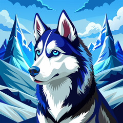 A captivating illustration of a Siberian Husky, showcasing its striking blue eyes and majestic fur. Set against a backdrop of snow-capped mountains. © Mohamed