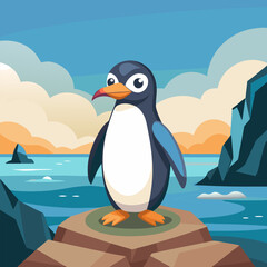 Obraz premium A cute cartoon penguin stands on a rock overlooking a serene seascape. The penguin's cheerful expression and the peaceful background create a delightful and heartwarming image.