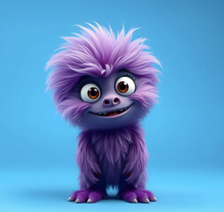 Obraz premium Funny purple fluffy monster on a clean blue background. Joyful and soft little monster. Charming yeti. Halloween character.