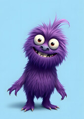 Fototapeta premium Funny purple fluffy monster on a clean blue background. Joyful and soft little monster. Charming yeti. Halloween character.