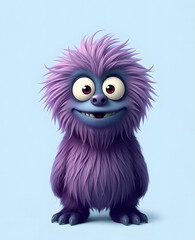 Funny purple fluffy monster on a clean blue background. Joyful and soft little monster. Charming yeti. Halloween character.