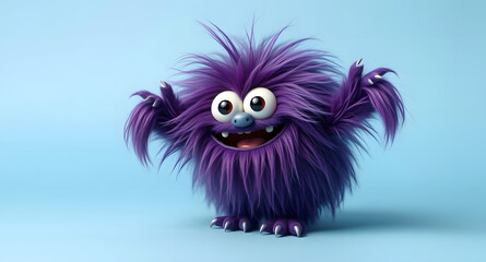 Fototapeta premium Funny purple fluffy monster on a clean blue background. Joyful and soft little monster. Charming yeti. Halloween character.