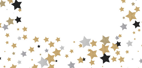 XMAS Banner with golden decoration. Festive border with falling glitter dust and stars.