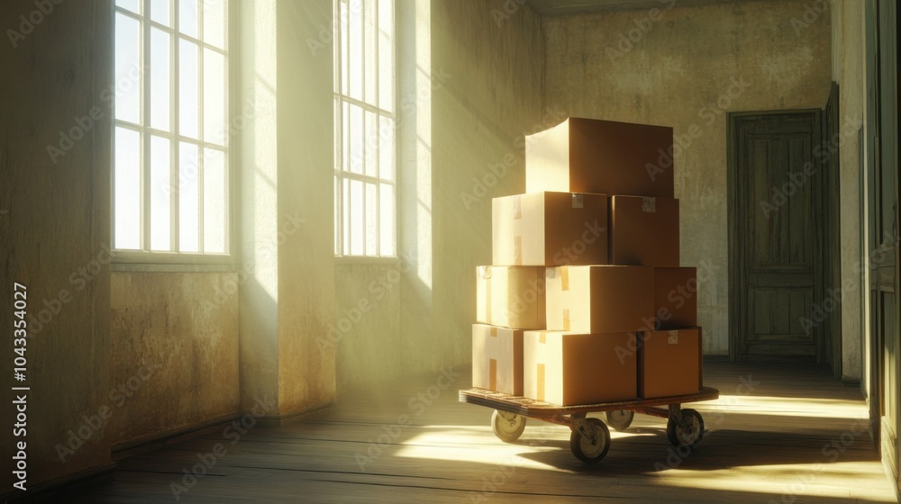 Poster a dolly stacked with moving boxes in an empty room, ready for transportation