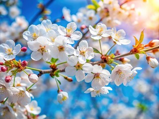Fototapeta premium Delicate white blossoms, a symphony of spring, reach for the vibrant blue sky.