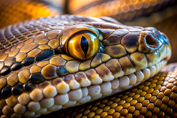 Fototapeta premium A close-up of a snake's head, showcasing its intricate scales and striking golden eye, highlighting the beauty of reptiles.