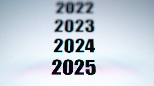 The years 2022 to 2025 are shown in bold text on LED display, gradually transitioning in focus. The image reflects concepts of time, future planning, and progression through these years.