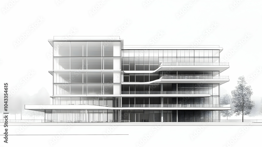 Poster minimalistic blueprint design of a multi-story office building with modern architectural elements