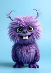 Obraz premium Funny purple fluffy monster on a clean blue background. Joyful and soft little monster. Charming yeti. Halloween character.