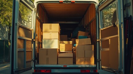 A moving truck filled with boxes, furniture, and personal items, with the rear door open