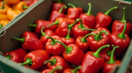 Red Mini Bell Peppers in a Wooden Crate