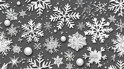 Stylized white paper snowflakes and small festive decorations scattered on a dark gray background, evoking a winter holiday theme.