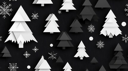 Obraz premium Stylized layered Christmas trees in black and white, accented by snowflakes on a dark background, creating a modern and minimalist holiday design.