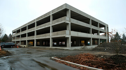 Obraz premium Multi-Story Parking Structure Under Construction with Crane and Building Materials in Urban Setting
