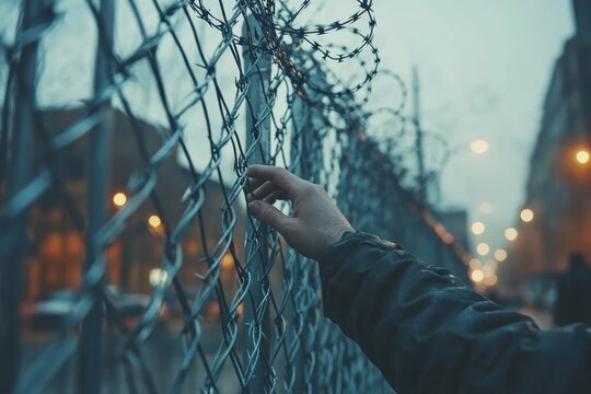 City Escape Night. Person reaching through chain link fence with barbed wire in urban evening setting for themes of freedom, confinement, escape, or social issues with moody city lights and blurred b