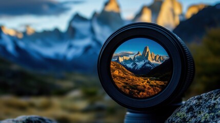 A camera lens frames a stunning mountain landscape, showcasing nature's beauty.