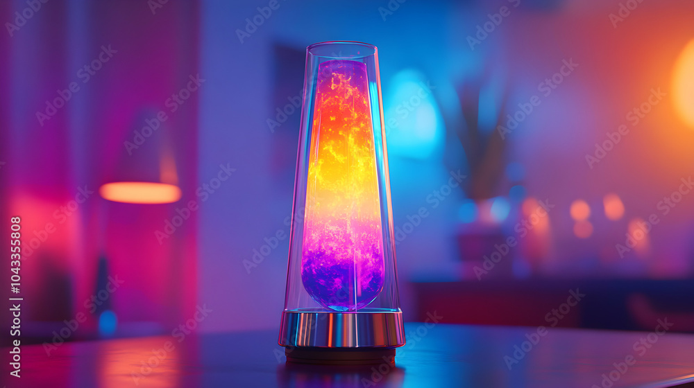 Poster retro lava lamp glowing in bright colors with vibrant swirls and patterns