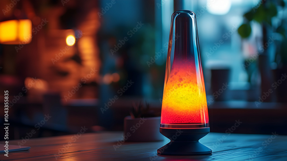 Poster retro lava lamp glowing in bright colors with colorful swirls and bubbles in a dark setting