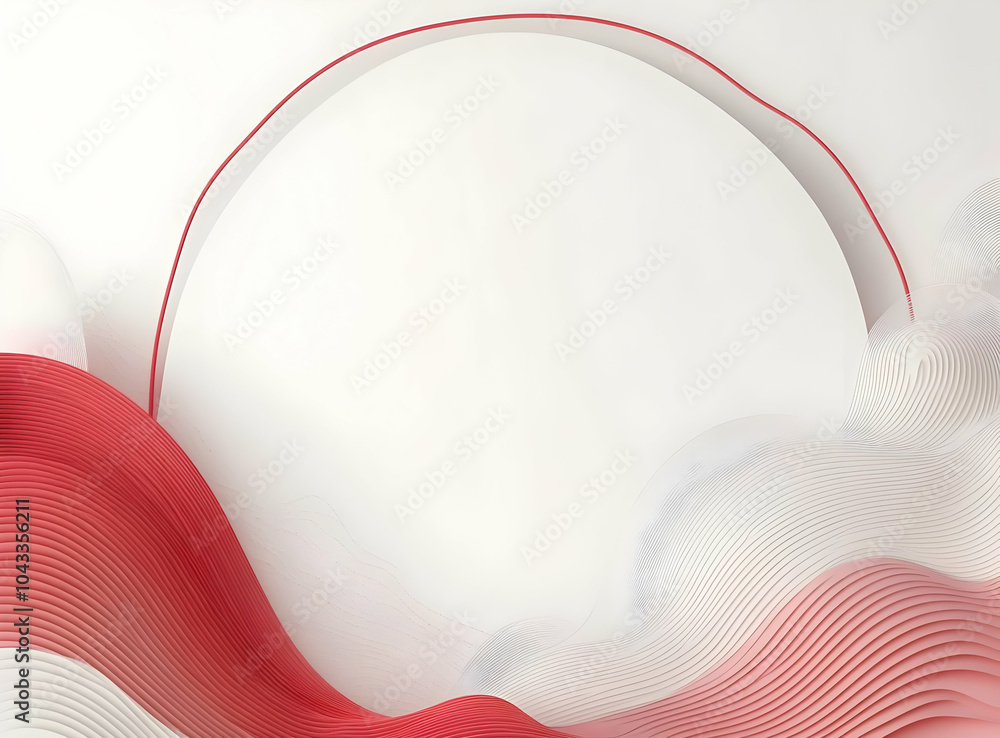 Poster Abstract 3d background with red and white wavy lines and a circular frame.