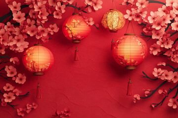 Obraz premium Chinese New Year red tree with red lanterns hanging from it. The tree is surrounded by red paper and the lanterns are hanging from the branches. 