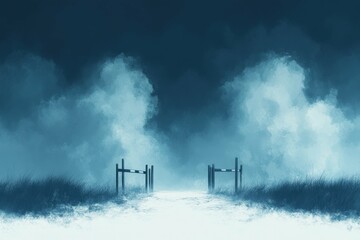 Sunlight Filtering Through. Misty countryside gate entrance early morning fog rural landscape calm atmosphere nature scene tranquil background for travel, adventure, meditation, peaceful, solitude, o