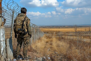 A refugee stands at the edge of a barbed-wire fence, gazing out over a vast, open field, symbolizing hope and longing for freedom