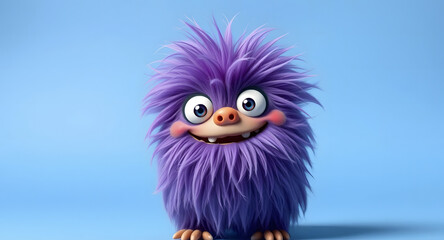 Obraz premium Funny purple fluffy monster on a clean blue background. Joyful and soft little monster. Charming yeti. Halloween character.