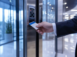 Illustration of staff scanning card at modern and stylish office door scanner.
