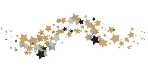 XMAS Banner with golden decoration. Festive border with falling glitter dust and stars.