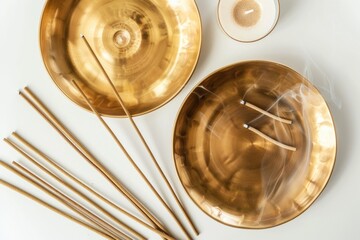 A collection of golden bowls and chopsticks arranged neatly on a white background