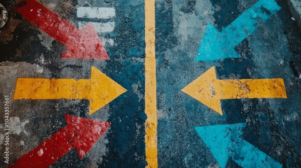Poster crossroads of choice: abstract image of vibrant arrows pointing in multiple directions on a textured