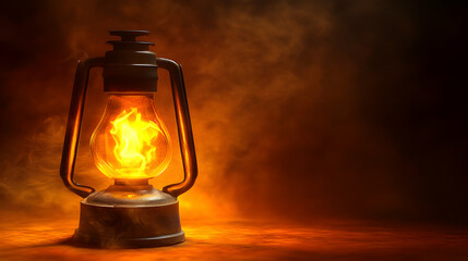 Traditional Oil Lamp with Flickering Flame Illuminating a Dark Space