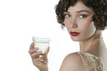 A woman holds a glass of wine in her hand, ready to take a sip