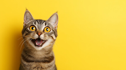 Obraz premium Portrait of a happy and excited cat with yellow eyes on isolated yellow background