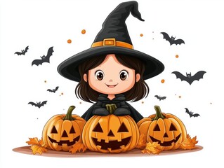 Cute Halloween Character with Pumpkins and Bats