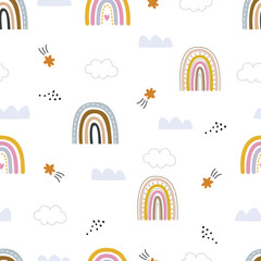 Cute rainbow seamless pattern with clouds on white background, used for print, decor, wallpaper, baby clothes, textiles