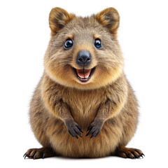 A happy quokka with a wide smile, posing cutely with its paws on its belly against a clean white background.

