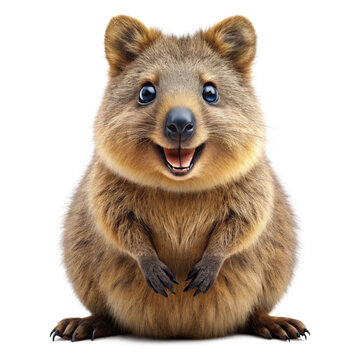 A happy quokka with a wide smile, posing cutely with its paws on its belly against a clean white background.
