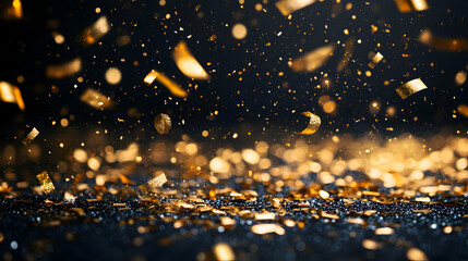 Naklejka premium Black Background Adorned with Cascading Gold Confetti, Creating a Festive Atmosphere for Celebrations and Events