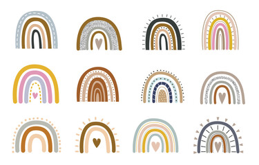 Boho rainbows set with heart pastel colors hand drawn vector elements for nursery decoration, baby showers, party, posters, invitations, postcard, clothes