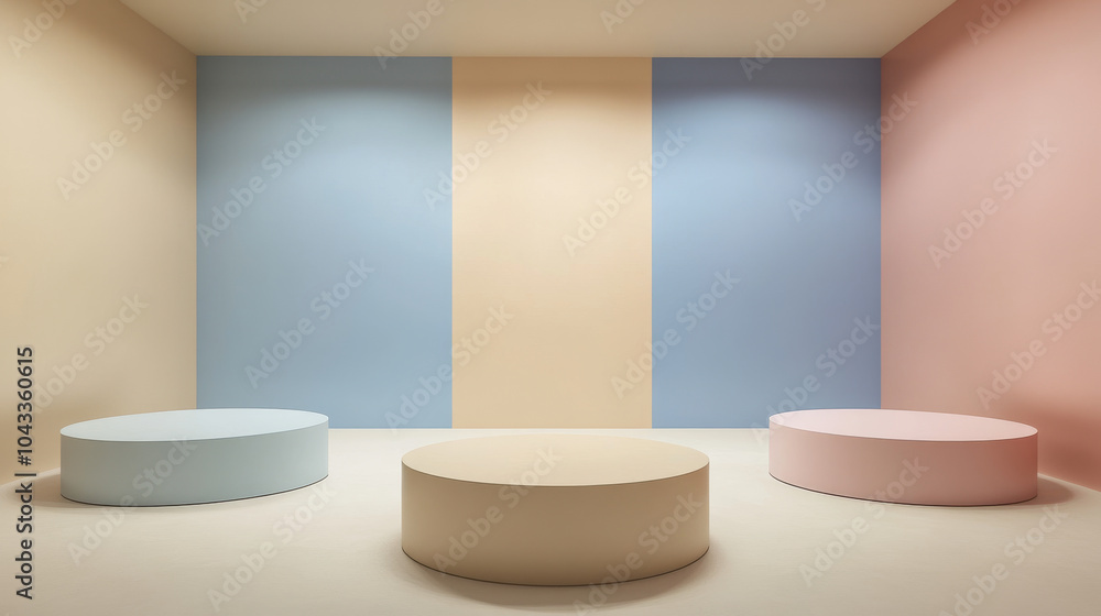 Poster these are four empty rooms with simple walls. each room has a round platform for displaying products