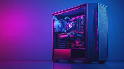 A sleek gaming PC with RGB lighting in a vibrant blue and purple setting.