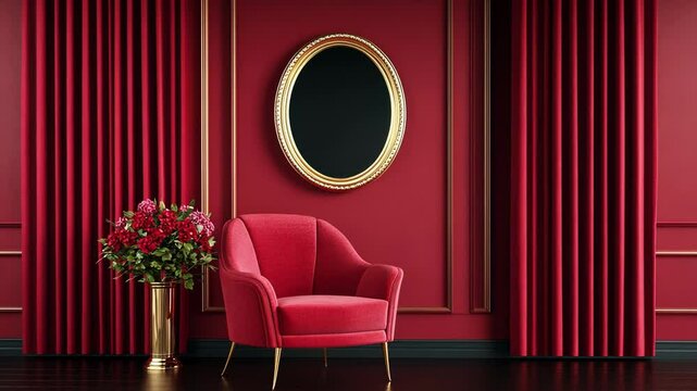 Luxurious red interior features an elegant armchair and gold-framed mirror, perfect for Valentine's Day