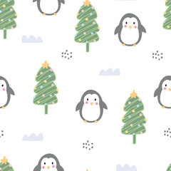 Seamless pattern with penguins on white background. Hand drawn design in cartoon style. used for decoration Celebration Wallpaper Fabric Textile